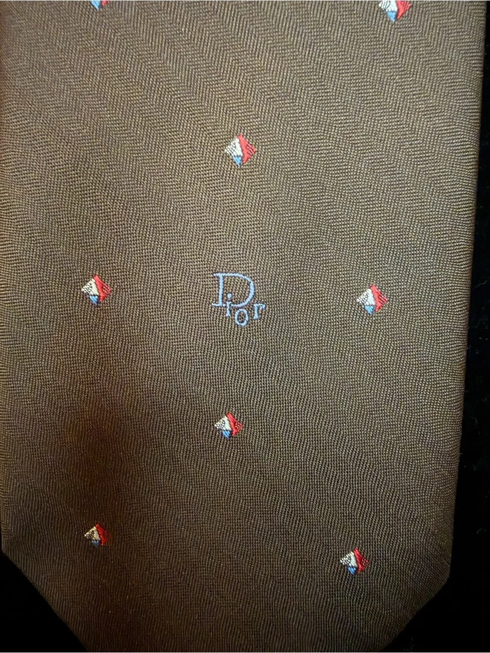Dior Brown Silk Tie with Tiny Red & White Motifs